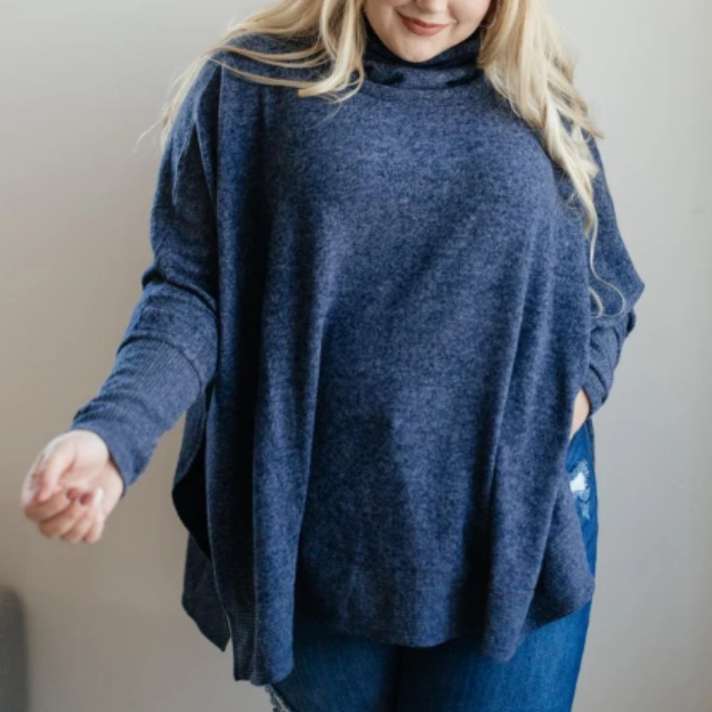 Brushed Melange Cowl Neck Sweater in Navy NWT